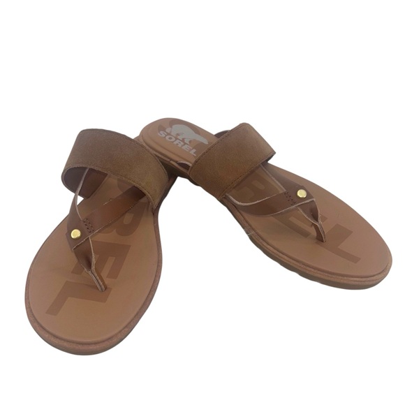 Sorel Women 7 Ella II Easy Flip Flop Sandals Shoes Brown Suede Thong Slip On - Picture 1 of 11